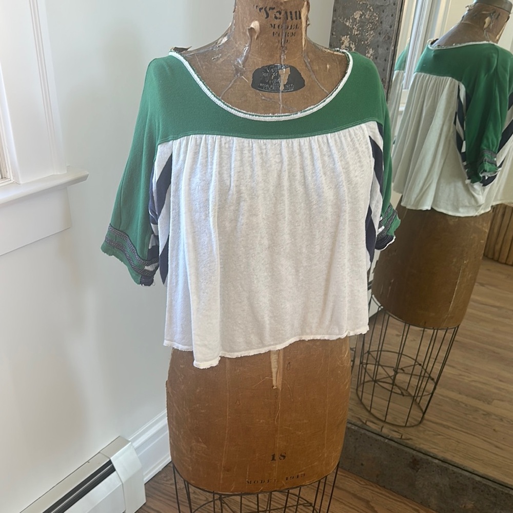 Free People White and Green Crop Blouse